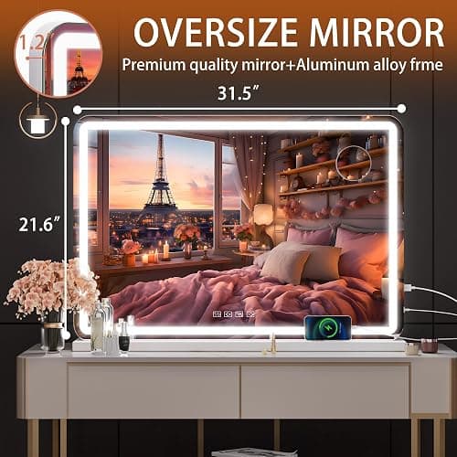 Hasipu Vanity Mirror with Lights and Bluetooth Speaker, 32" x 21.7" LED Makeup Mirror, Lighted Makeup Mirror with Dimmable 3 Modes, USB Charging Port, Round White thumbnail 4