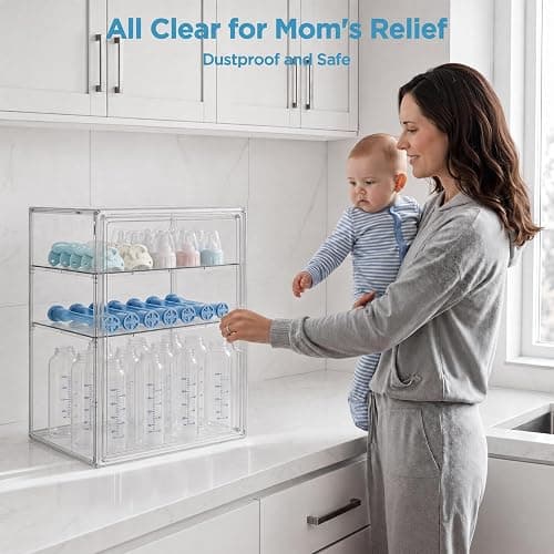 HBlife Baby Bottle Storage Organizer for Countertop Cabinet, 3 Tiers Adjustable Clear Acrylic Bottles Storage Station Case Box Container with 2 Removable Dividers and Magnetic Door, X-Large thumbnail 3