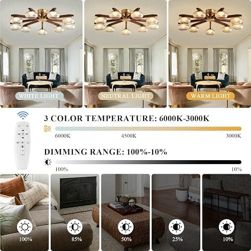 Walnut Wood LED Ceiling Light Fixture, Modern 9-Light Semi-Flush Mount with Glass Shades, 41" Farmhouse Chandelier Walnut & Brass for Living Room, Dining Room, Bedroom thumbnail 5