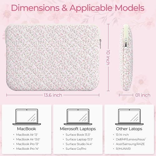 Shiprabags 13-14 inch Cotton Quilted Laptop Sleeve for Women, Aesthetic Puffy Laptop Case Carrying Bag Compatible with MacBook Air/Pro 13/Pro 14, Soft Computer Liner Bag (Pink Floral, 13.3 inch) thumbnail 2