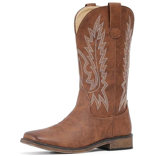 IUV Cowboy Boots For Women Square Toe Wide Western Boots Mid Calf Cowgirl Boots Pull On Embroidered Brown Cowboy Boots - Image 1