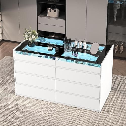 ZORPLIX White 8 Drawer Dresser for Bedroom, Modern Chest of Drawers, Jewelry Dresser Display with Glass Top and LED Light, Dressers Organizer for Bedroom, Closet, Living Room thumbnail 8