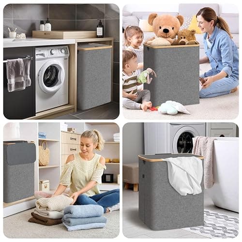 BALEINE Laundry Hamper with Lid, Tall Laundry Baskets with Bamboo Pull Handles, Large Laundry Bin with Internal Support (26 Gal/100L, Grey) - 26 Gal/100L - Grey thumbnail 8