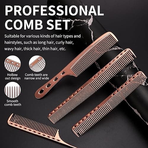 Professional Barber Aluminum Comb Set for Dressing, Cutting Hair, and Styling: Long/Short Hair Combs, Handle, and Tail Comb (Rose Gold) thumbnail 3