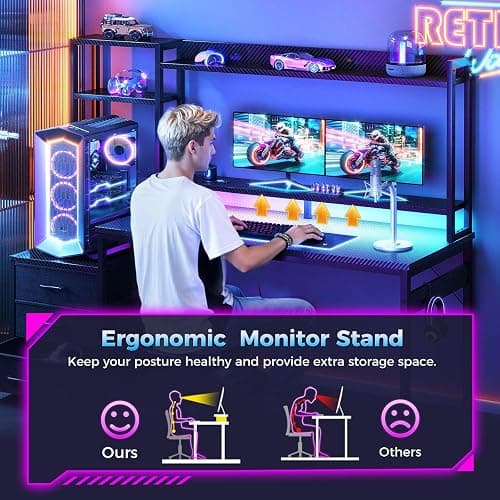 Casaottima 48 Inch Gaming Desk with Hutch & 3 Fabric Drawers, Computer Desk with USB Ports & LED Lights, Reversible Pc Gamer Table with Monitor Stand for Home Office, Carbon Fiber Black thumbnail 6