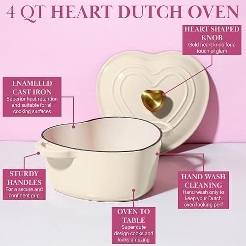 Paris Hilton Enameled Cast Iron Dutch Oven Heart-Shaped Pot with Lid, Dual Handles, Works on All Stovetops, Oven Safe to 500°F, 4-Quart, Cream thumbnail 6