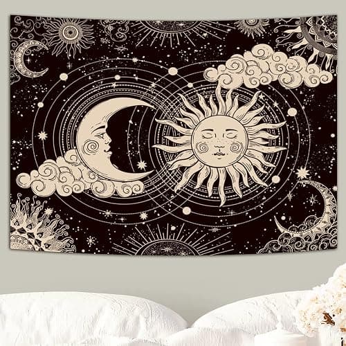 Wonrizon Sun and Moon Tapestry, Aesthetic Black Dark Spiritual Tapestries Mystic Burning Sun with Clouds Star Wall Hanging decor for Bedroom (51.2" x 59.1") thumbnail 6