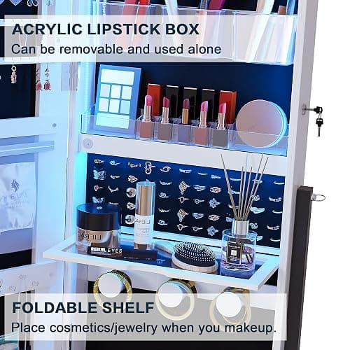 jajov 47.2" LED Jewelry Cabinet Armoire, Standing Full-Length Mirror With Jewelry Storage, Jewelry Organizer Armoire, Lockable Jewelry Mirror Cabinet (Rustic White) thumbnail 6