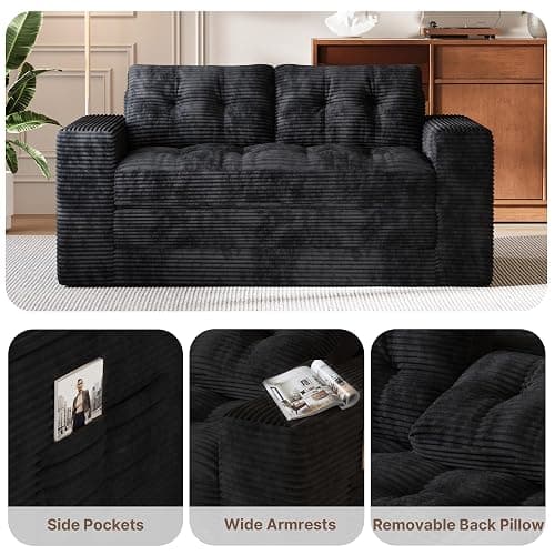 Gizoon Convertible Loveseat Sleeper Sofa Bed, 59'' Folding Floor Couch with Pillows & Memory Foam Sofa for Small Spaces, Corduroy Pull Out Couch for Apartment Living Room, Black thumbnail 6