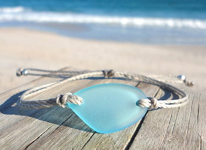 Sea Stamped Sea Glass Adjustable Bracelet-Made From Recycled Glass-Light Blue Free Form Sea Glass Piece with Waterproof Gray Thread-Unique Gift thumbnail 3