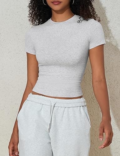 PrettyGuide Women's Crew Neck Short Sleeve Summer Basic Tee Tight Fit Cotton Jersey T Shirt Y2K Going Out Tops thumbnail 10