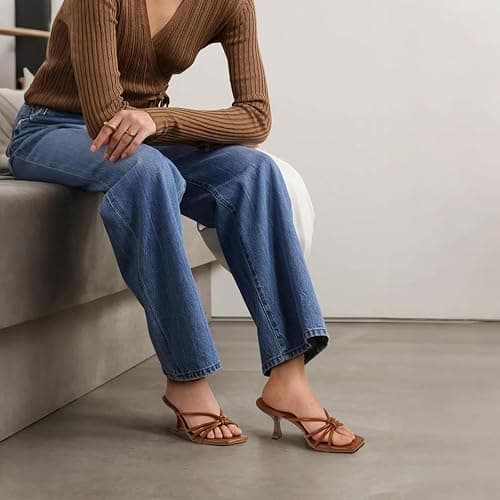 LOOPCHARM Women's Strappy Square Open Toe Kitten Heels Sandals Knotted Design Summer Fashion Slip On Mule Style thumbnail 2