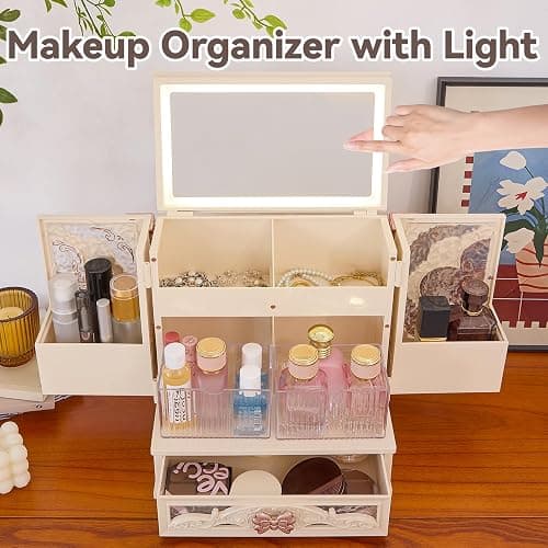 Large Cosmetic Mirror Storage Box with LED Light Cosmetics Organizer Box, Vintage Style Storage Box Dustproof Waterproof Bathroom Counter Storage for Skincare Lipstick Makeup Brushes Gifts(White) thumbnail 5