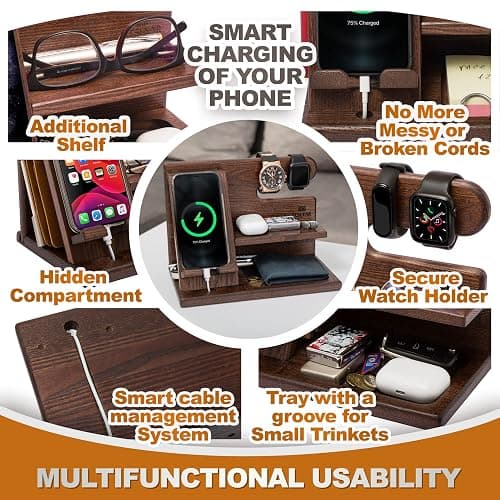 TESLYAR Wood Phone Docking Station for Men - Desktop or Nightstand Organizer - Birthday Gifts for Men, Dad - Anniversary Idea from Wife - Key Holder, Stand Wallet, Watch & Essentials (Bourbon Brown) thumbnail 5