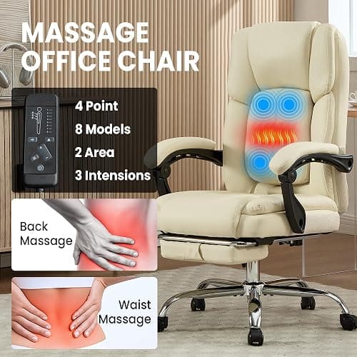4 Points Massage Office Chair with Footrest 500lbs,Reclining Executive Desk Chair with Vibration Heat for Heavy People,Lumbar Support PU Leather,Adjustable Height Ergonomic (Beige) thumbnail 3