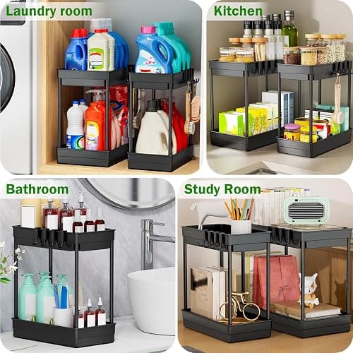 PurKeep 2 Pack Under Sink Storage - 2 Tier Kitchen Storage and Organisation Cupboard Organiser, Under Sink Shelf, Under Cabinet Organizer with Hooks, for Bathroom Kitchen Countertop, 2 Size 1L+1M thumbnail 3