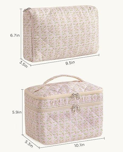 HBselect 2Pcs Travel Makeup Bag, Large Cotton Quilted Makeup Bag Cosmetic Bag Cute Make up Bag Toiletry Bags for Women Girls thumbnail 6