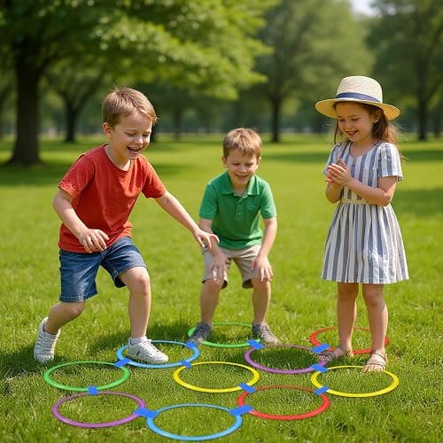 CIATBYYJ 2 Sets 11inch Hopscotch Rings, 10 Plastic Round Hoops with Blue Clips Connectors, Obstacle Course Agility Balance Training Rings, Outdoor Indoor Games Hopscotch Set for Fun and Fitness thumbnail 7