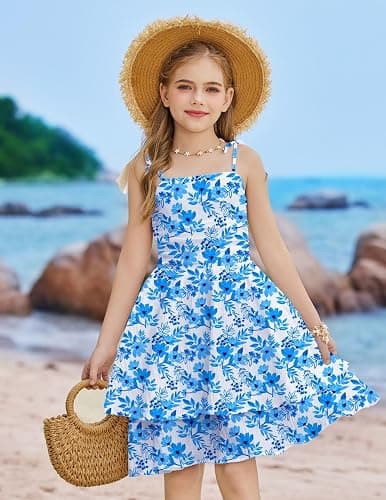 Arshiner Girls Summer Spaghetti Strap Dresses Flowy Tiered Ruched Smocked Back Casual Beach Midi Sundress thumbnail 5