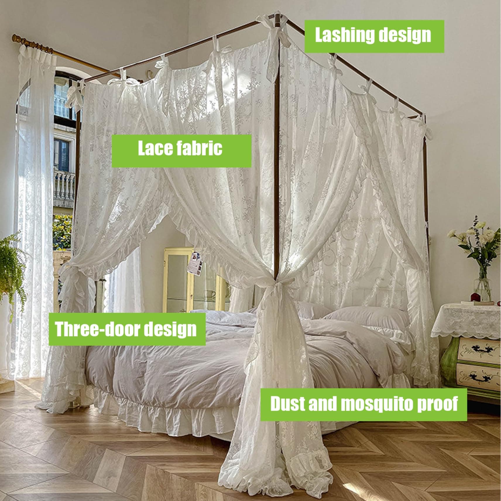 Canopy Bed Curtains Three-Opening Lace Princess Bed Canopy 4 Corner Post Hanging Curtains with Ties Fit 4.92ft thumbnail 8