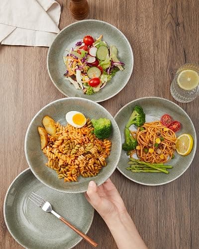 Pokini 16 Piece Double Bowl Dinnerware Sets, Stain Resistant Dish Set with Pasta Bowls, Easy Cleaning Dishes, Multi-Functional Plate and Bowl, Stack Compactly Plate Set, Service for 4 thumbnail 4