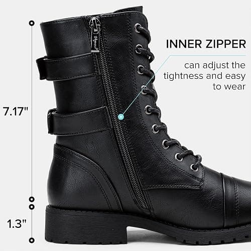 Vepose Women's Lace Up Mid Calf Combat Boots with Functional Pocket | Everyday moto style, functional zip pocket for cards and keys, low heel, inside zipper for city outfits and travel thumbnail 6