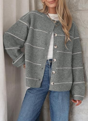 Balimtoy Striped Cardigan Sweaters for Women Trendy Long Sleeve Crewneck Button Up Sweater Fall Winter Outerwear thumbnail 4