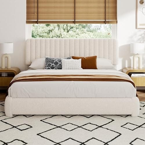 viplov Queen Size Boucle Bed Frame, Adjustable Headboard, Beige | Fluffy Boucle Upholstered Platform Bed Frame, Cloud Adjustable Headboard, Rounded Corners. Squeak‑free, Fast assembly - Image 1