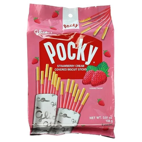 Glico Pocky, Strawberry Cream Covered Biscuit Sticks (9 Individual Bags), 3.81 oz - Image 1