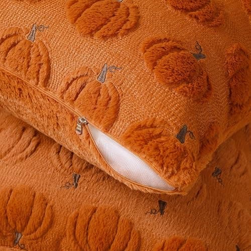 Softalker Fall Throw Pillow Covers 18x18 Set of 2 Rust Orange Pumpkin Decor | Double-Sided plush comfort with raised Autumn pumpkin embroidery, designed for couch sofas, bedrooms, and home decorations. thumbnail 2