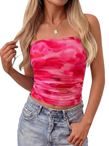 MASCOMODA Women Floral Tube Top Summer 2026 Cute Strapless Crop Mesh Going Out Tops Y2K Ruched Bandeau Beach Vacation Clothes - Image 1