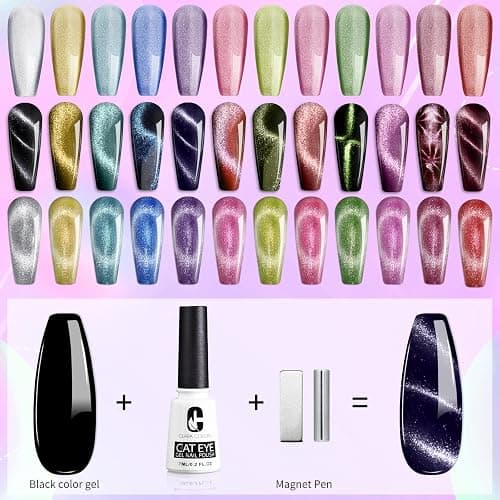 Clara Colors Vernis Semi Permanent Magnétique,9D Cat Eye Magnetic Vernis Gel Soak Off UV/LED Réfléchissant avec 12 Couleurs 8ml Auroras Diamond Effect Starter Set pour Salon Home DIY Art Gift thumbnail 2