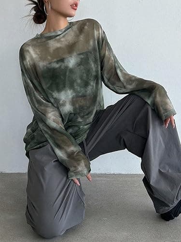 Verdusa Women's Y2k Tie Dye Sheer Mesh Top Long Sleeve Oversized Rave Streetwear Tops Whimsical Clothes thumbnail 6