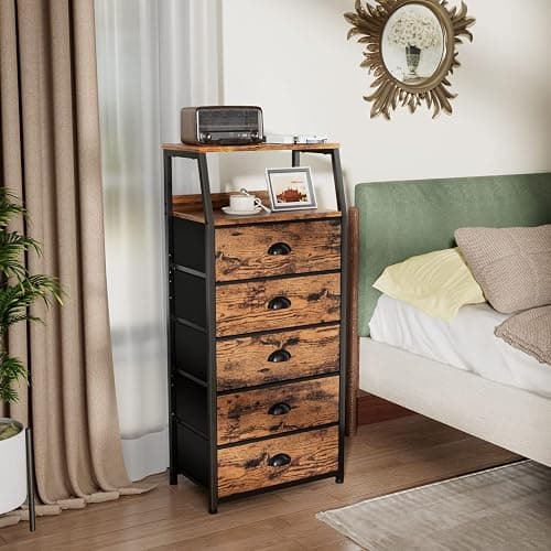 Furnulem Tall 5 Drawers Dresser, Vertical Storage Tower Fabric Dresser for Bedroom, Hallway, Entryway, Nursery, Closet Organizer, Nightstand Bedside Table Furniture, Sturdy Steel Frame, Wood Top thumbnail 6