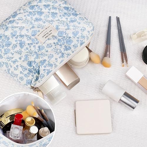 Gosect Floral Makeup Bag, Large Cosmetic Bag for Women Girls, Cute Cotton Make up Pouch, Quilted Makeup Bags, Flower Travel Toiletry Organizer Bag(Blue Floral) thumbnail 2