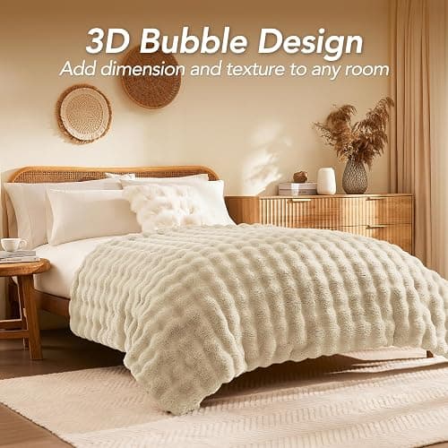 L'AGRATY Faux Rabbit Fur Blanket: 50" x 60" Luxury Soft Fluffy Thick Fur Throw Blanket for Couch Bed Sofa - Cozy Plush Bubble Blankets for Winter: Warm Flannel Fleece Decorative Blanket(Almond White) thumbnail 2