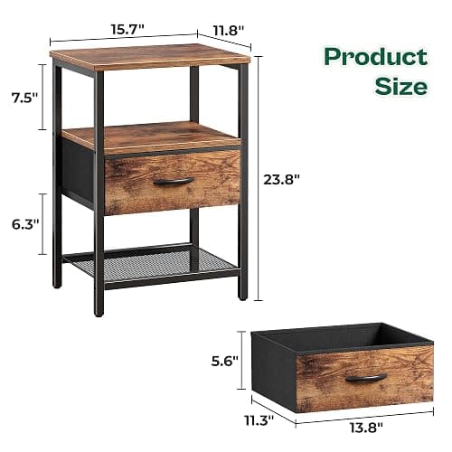 Huuger Nightstand Set of 2, Night Stand with Fabric Drawer, Mesh Shelf, Side Table with Storage, Fabric Drawer Dresser, Open Shelf, Metal Frame, Bedroom, Rustic Brown - 2 - Rustic Brown thumbnail 3