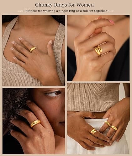ZOERAY Chunky Gold Rings for Women Non Tarnish Trendy 14k Gold Plated Adjustable Signet Band Stackable Thumb Ring Set Open Twist Dome Statement Stacking Rings Jewelry Gifts for Women Size 5-10 thumbnail 6
