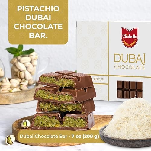 Chobella Dubai Chocolate Bar Pistachio 7oz, Premium Pistachio Dubai Chocolate Bar with Shredded Phyllo Dough, Viral Knafeh Chocolate Candy with Kataifi, Gift Box thumbnail 3