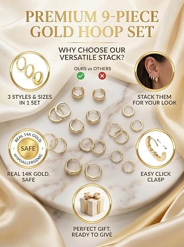 9 Pairs Gold Huggie Hoop Earrings for Women, 14K Gold Plated Stackable Set | Hypoallergenic Small Hoop Earrings, Lightweight Comfortable Huggies, Non Tarnish, Multiple Piercing Set, Great Gift for Women thumbnail 3