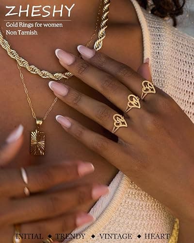 ZHESHY Gold Rings for Women Non Tarnish Dainty 14K Gold Plated Initial Rings Vintage Heart Letter Statement Thumb Rings Size 6-10 Personalized Jewelry Gifts thumbnail 3