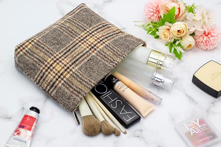 Makeup Bags for Purse Zipper Cosmetic Pouch Large Travel Canvas Make Up Organizer Tool Pouch for Women and Girls,Plaid Brown thumbnail 2