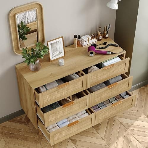 Furniouse 6 Drawer Rattan Dresser for Bedroom Wood Boho Dressers with Solid-Wood Legs & Natural Real Rattan Drawer, Modern Chest of Drawers Beside Table for Bedroom, Living Room thumbnail 4