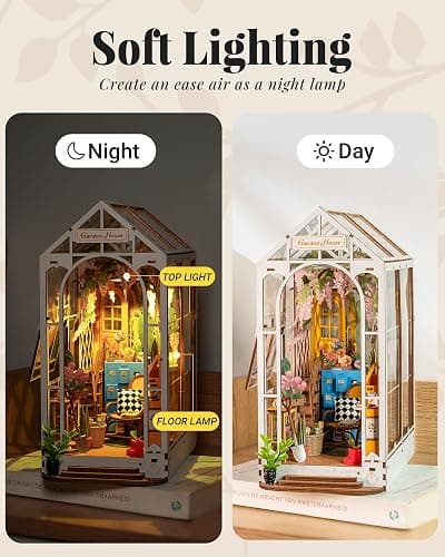Rolife DIY Book Nook Kit Wooden 3D Puzzle Bookends 9.5" Garden House Miniature Kit with LED Bookshelf Decor Arts and Crafts for Adults Family Project Hobby Creative Gifts for Girls Boys Christmas thumbnail 8