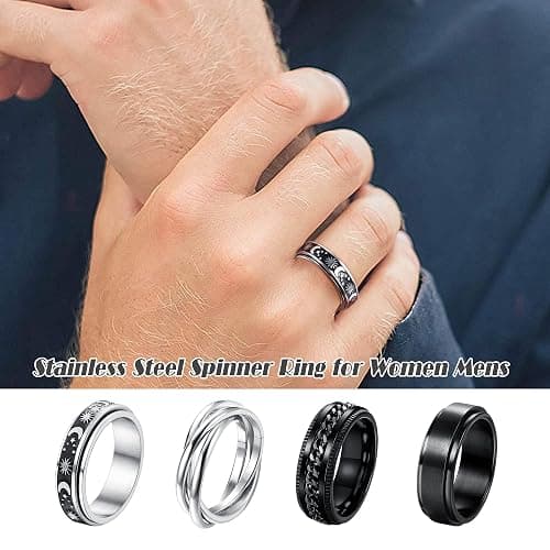 Stainless Steel Fidget Anxiety Ring for Women Men Fidget Spinner Rings Moon Star Celtic Stress Relieving Spinning Ring Wedding Band Rings Set,4-6Pcs, Stainless Steel, No Gemstone thumbnail 4