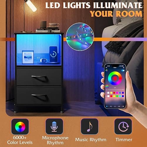 WLIVE LED Night Stand with Charging Station, Black Nightstand with 2 Fabric Drawers and Storage Shelf, Dorm Bedside Table End Table with 2 USB Ports and Outlets, Small Dresser for Bedroom thumbnail 4