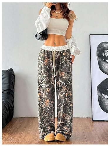 SOLY HUX Women's Camo Pants Wide Leg Baggy Sweatpants Elastic Waist Drawstring Loose Pants Trendy Y2K Drawstring Trousers thumbnail 5