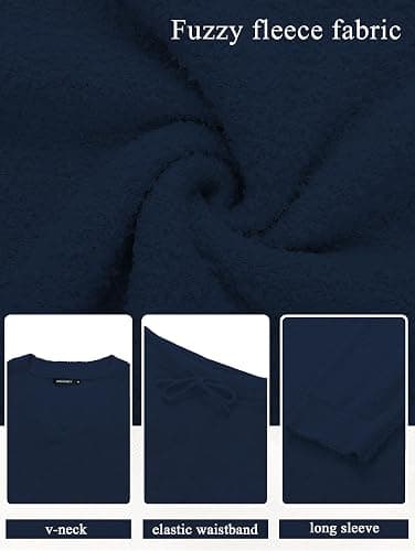 MEROKEETY Women's 2 Piece Outfits Fuzzy Fleece Pajama Set Long Sleeve Top Wide Leg Pants Loungewear - X-Large - Navy thumbnail 5