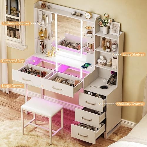 HUAHUU Vanity Desk with Mirror and LED Lights, 43" Makeup Vanity with Glass Top & Wireless Charging, Vanity with RGB Drawers, 3 Colors Light, Power Outlet Safety Switch for Bedroom, White thumbnail 6