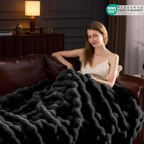 PLUUSHUU Faux Fur Throw Blanket for Couch, Fluffy Fuzzy Plush Bubble Blanket, Soft Warm Cozy Shaggy Rabbit Blanket, Luxury Decorative Gifts for Sofa Bedroom Living Room, 60x50inch (Black) thumbnail 3